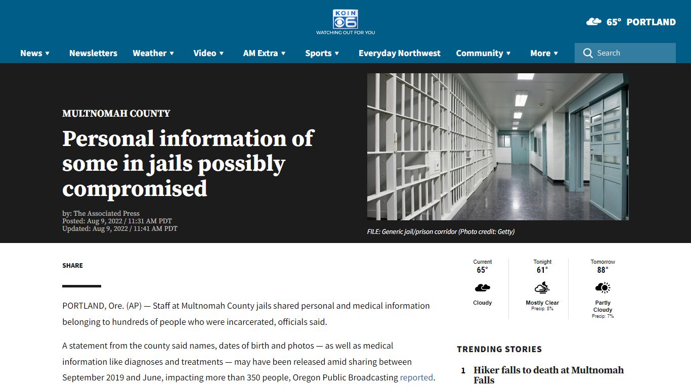 Multnomah County inmates personal information possibly at risk